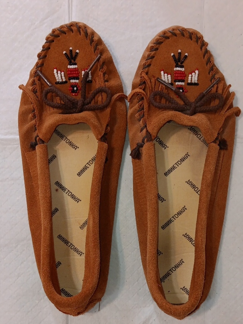 Minnetonka Brown Suede Beaded Thunderbird Moccasins 9